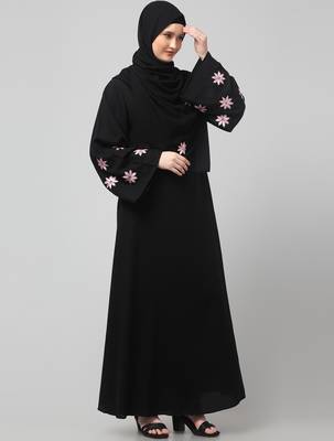 flowers embboidery at sleeve and hijab a line flare at bottom abaya with hijab 4