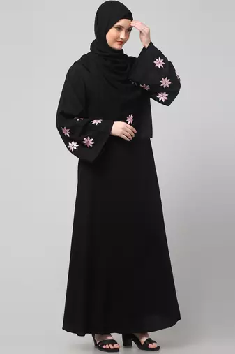 flowers embboidery at sleeve and hijab a line flare at bottom abaya with hijab