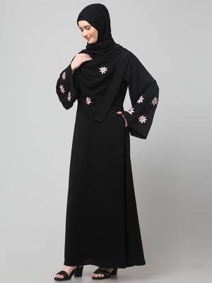 flowers embboidery at sleeve and hijab a line flare at bottom abaya with hijab 5