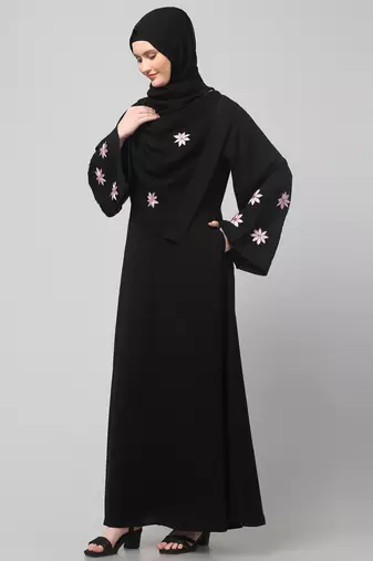 flowers embboidery at sleeve and hijab a line flare at bottom abaya with hijab