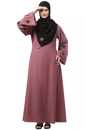 flowers embboidery at sleeve and hijab a line flare at bottom abaya with hijab