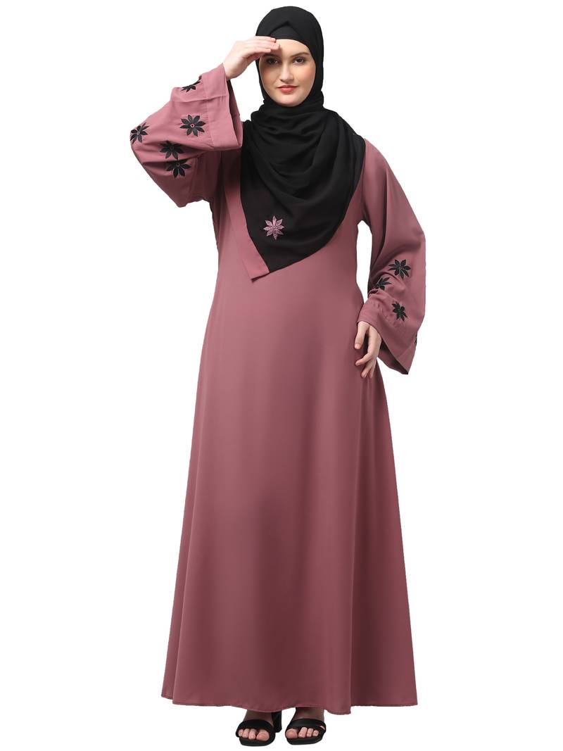 flowers embboidery at sleeve and hijab a line flare at bottom abaya with hijab