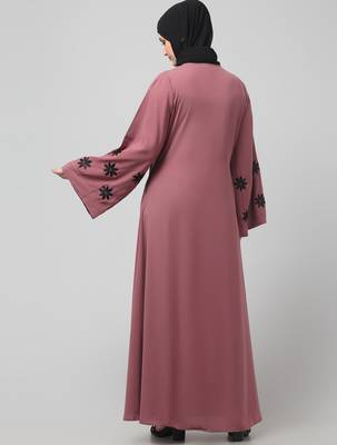 flowers embboidery at sleeve and hijab a line flare at bottom abaya with hijab 2