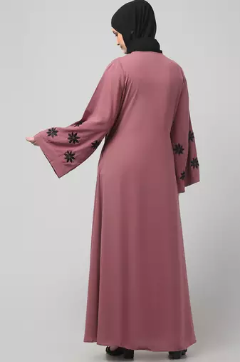 flowers embboidery at sleeve and hijab a line flare at bottom abaya with hijab
