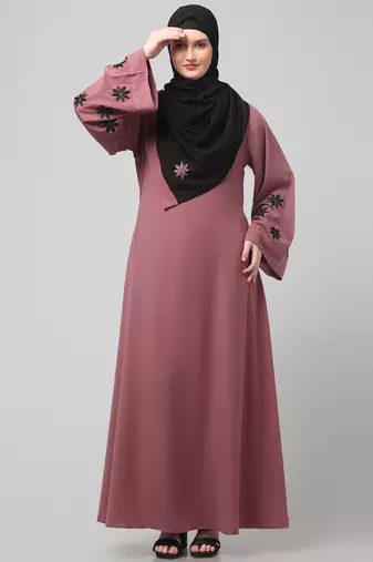 flowers embboidery at sleeve and hijab a line flare at bottom abaya with hijab