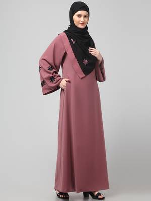 flowers embboidery at sleeve and hijab a line flare at bottom abaya with hijab 4