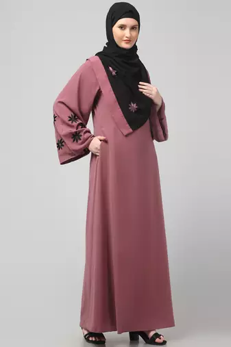 flowers embboidery at sleeve and hijab a line flare at bottom abaya with hijab