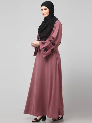 flowers embboidery at sleeve and hijab a line flare at bottom abaya with hijab 5