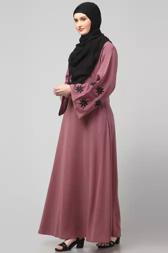 flowers embboidery at sleeve and hijab a line flare at bottom abaya with hijab