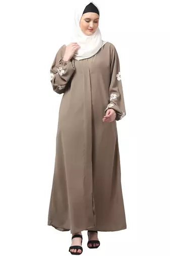 flowers embboidery at sleeve and hijab a line flare at bottom abaya with hijab