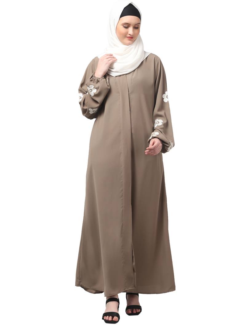 flowers embboidery at sleeve and hijab a line flare at bottom abaya with hijab