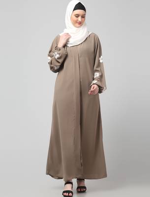 flowers embboidery at sleeve and hijab a line flare at bottom abaya with hijab 3