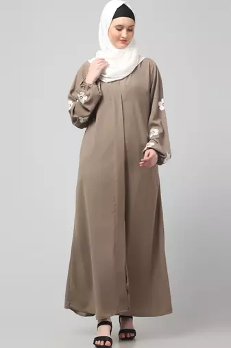 flowers embboidery at sleeve and hijab a line flare at bottom abaya with hijab