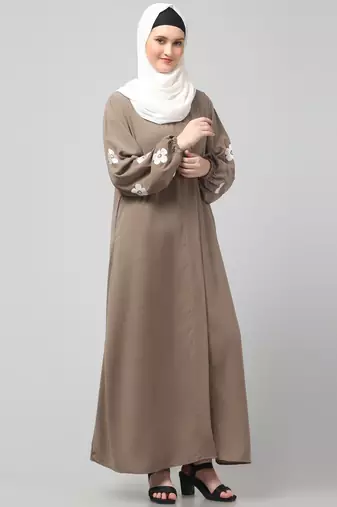 flowers embboidery at sleeve and hijab a line flare at bottom abaya with hijab