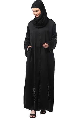 sleeves ,black and bottom hand embroidered front open abaya with hijab