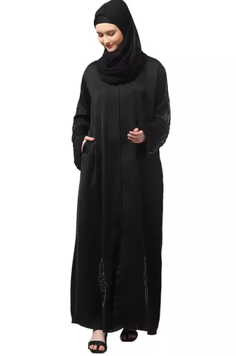 sleeves ,black and bottom hand embroidered front open abaya with hijab