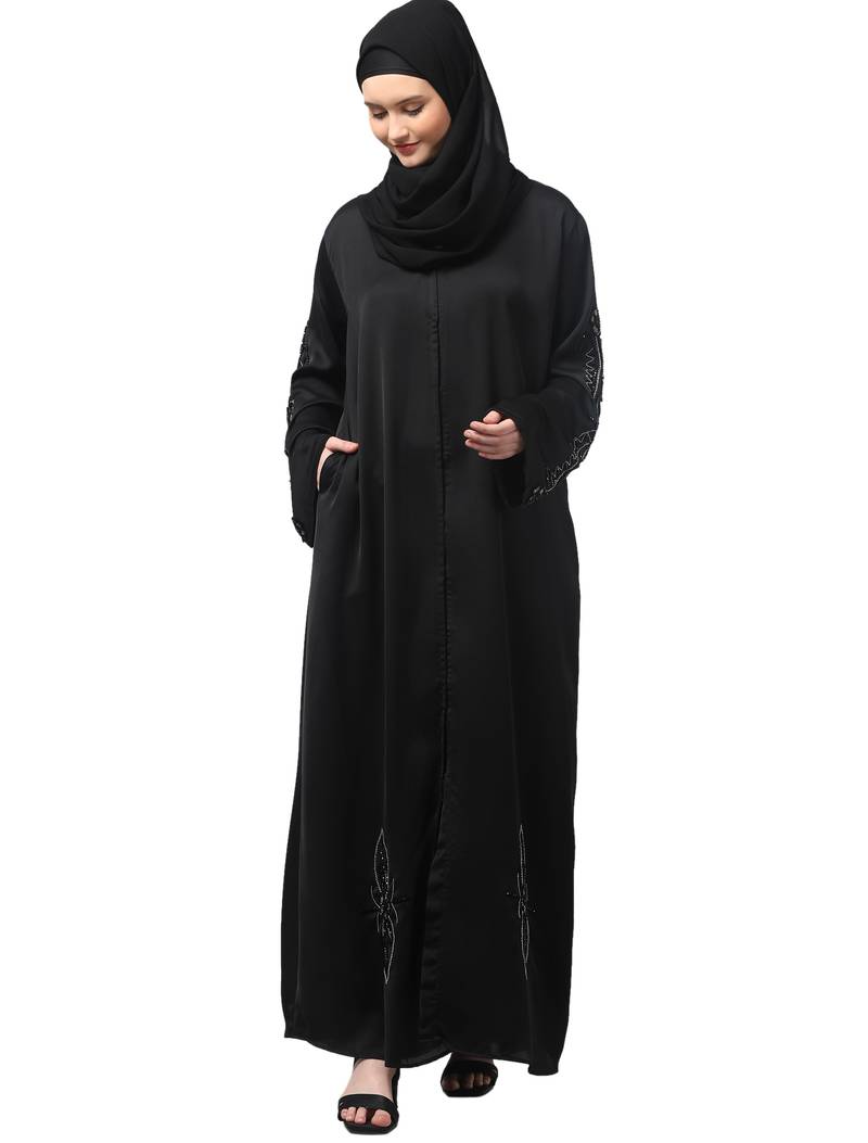 sleeves ,black and bottom hand embroidered front open abaya with hijab