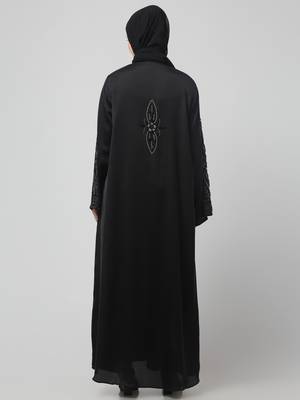 sleeves ,black and bottom hand embroidered front open abaya with hijab 2