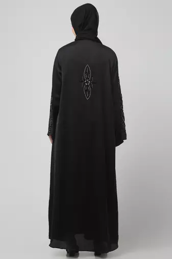 sleeves ,black and bottom hand embroidered front open abaya with hijab