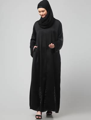 sleeves ,black and bottom hand embroidered front open abaya with hijab 3