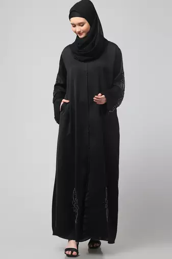 sleeves ,black and bottom hand embroidered front open abaya with hijab