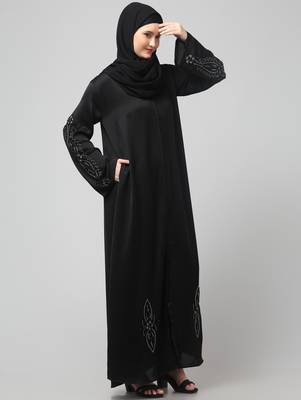 sleeves ,black and bottom hand embroidered front open abaya with hijab 4