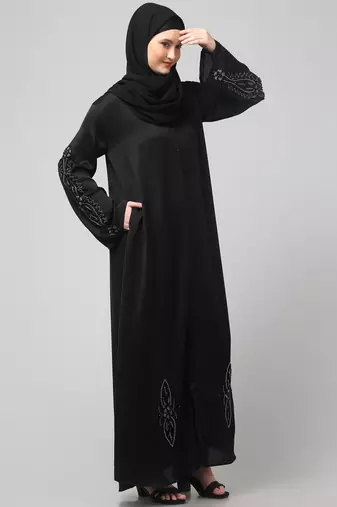 sleeves ,black and bottom hand embroidered front open abaya with hijab