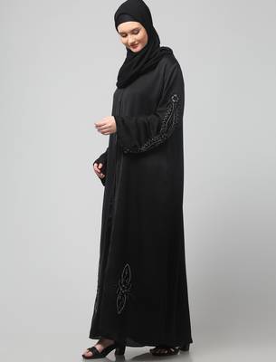sleeves ,black and bottom hand embroidered front open abaya with hijab 5