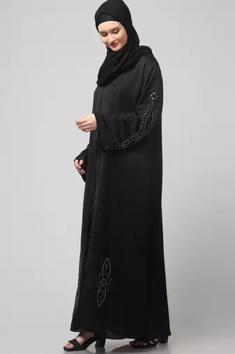sleeves ,black and bottom hand embroidered front open abaya with hijab