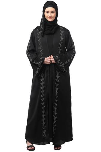 both front shoulder to bottom , sleeves and hijab hand embroidered with inner cardigan style abaya with hijab