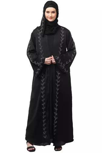 both front shoulder to bottom , sleeves and hijab hand embroidered with inner cardigan style abaya with hijab