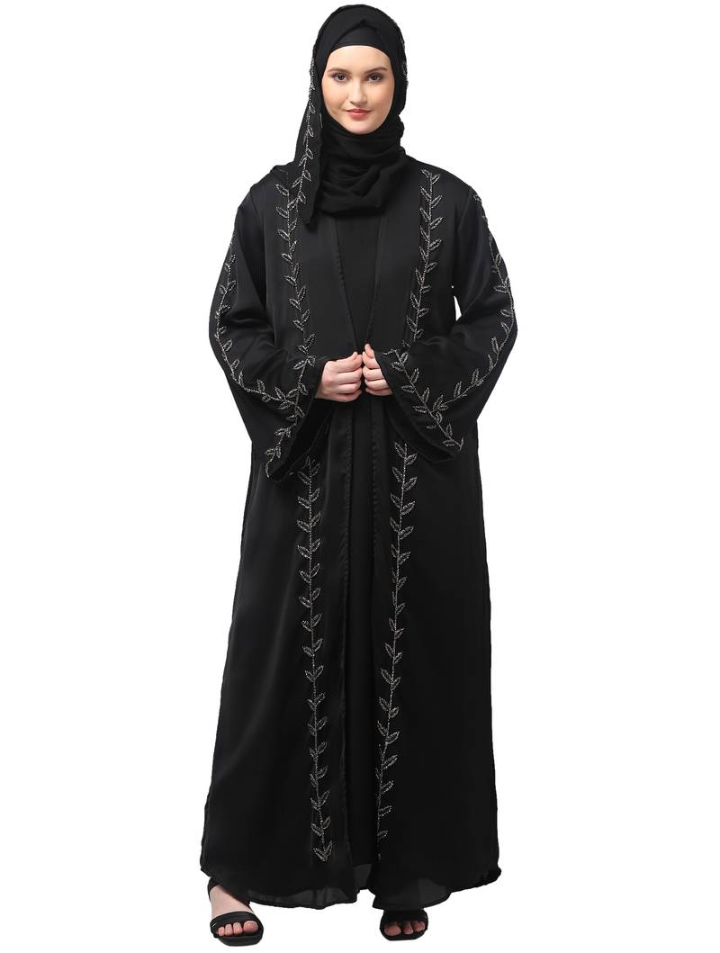 both front shoulder to bottom , sleeves and hijab hand embroidered with inner cardigan style abaya with hijab