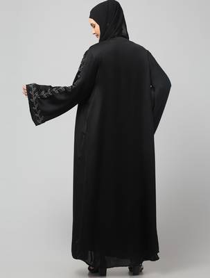 both front shoulder to bottom , sleeves and hijab hand embroidered with inner cardigan style abaya with hijab 2