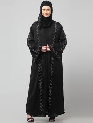 both front shoulder to bottom , sleeves and hijab hand embroidered with inner cardigan style abaya with hijab 3