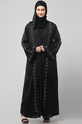 both front shoulder to bottom , sleeves and hijab hand embroidered with inner cardigan style abaya with hijab