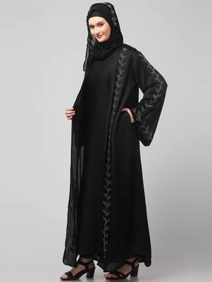 both front shoulder to bottom , sleeves and hijab hand embroidered with inner cardigan style abaya with hijab 4