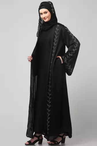 both front shoulder to bottom , sleeves and hijab hand embroidered with inner cardigan style abaya with hijab