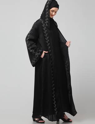 both front shoulder to bottom , sleeves and hijab hand embroidered with inner cardigan style abaya with hijab 5