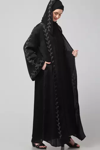 both front shoulder to bottom , sleeves and hijab hand embroidered with inner cardigan style abaya with hijab