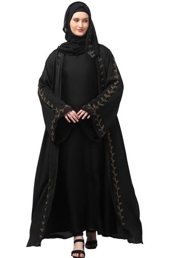 both front shoulder to bottom , sleeves and hijab hand embroidered with inner cardigan style abaya with hijab