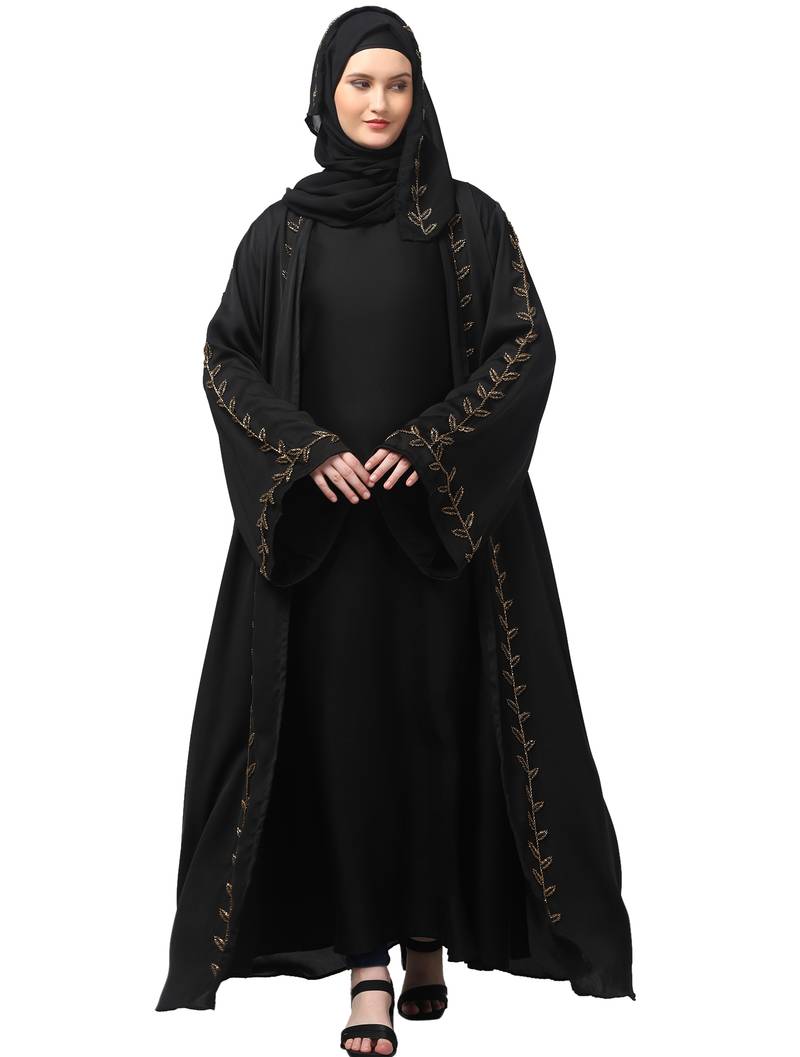 both front shoulder to bottom , sleeves and hijab hand embroidered with inner cardigan style abaya with hijab