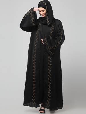 both front shoulder to bottom , sleeves and hijab hand embroidered with inner cardigan style abaya with hijab 3