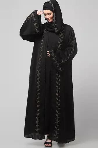 both front shoulder to bottom , sleeves and hijab hand embroidered with inner cardigan style abaya with hijab