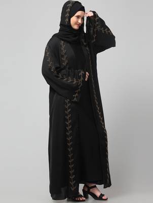 both front shoulder to bottom , sleeves and hijab hand embroidered with inner cardigan style abaya with hijab 4