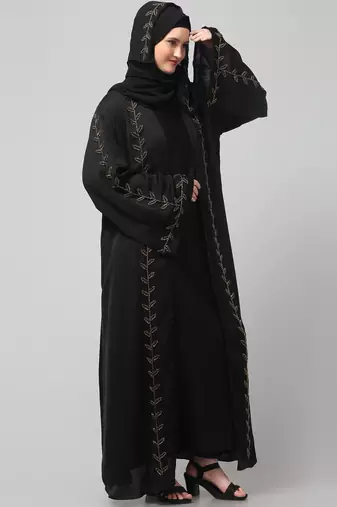 both front shoulder to bottom , sleeves and hijab hand embroidered with inner cardigan style abaya with hijab