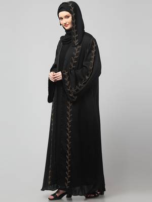 both front shoulder to bottom , sleeves and hijab hand embroidered with inner cardigan style abaya with hijab 5
