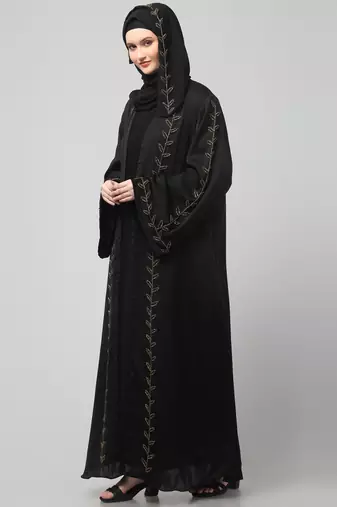 both front shoulder to bottom , sleeves and hijab hand embroidered with inner cardigan style abaya with hijab