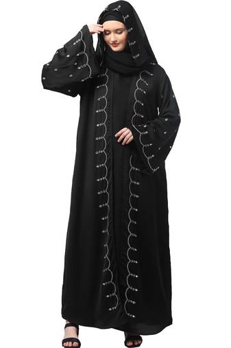 both front shoulder to bottom , sleeves and hijab stone hand embroidered with inner cardigan style abaya with hijab