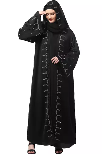 both front shoulder to bottom , sleeves and hijab stone hand embroidered with inner cardigan style abaya with hijab