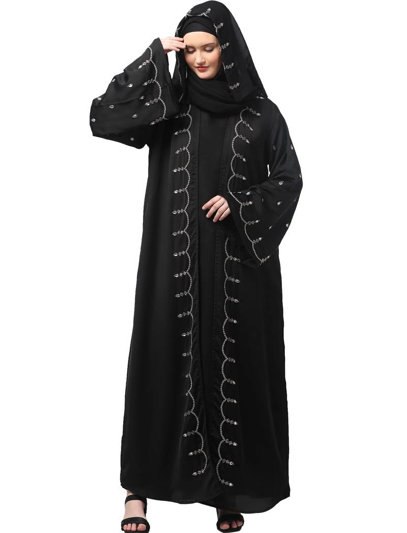 both front shoulder to bottom , sleeves and hijab stone hand embroidered with inner cardigan style abaya with hijab